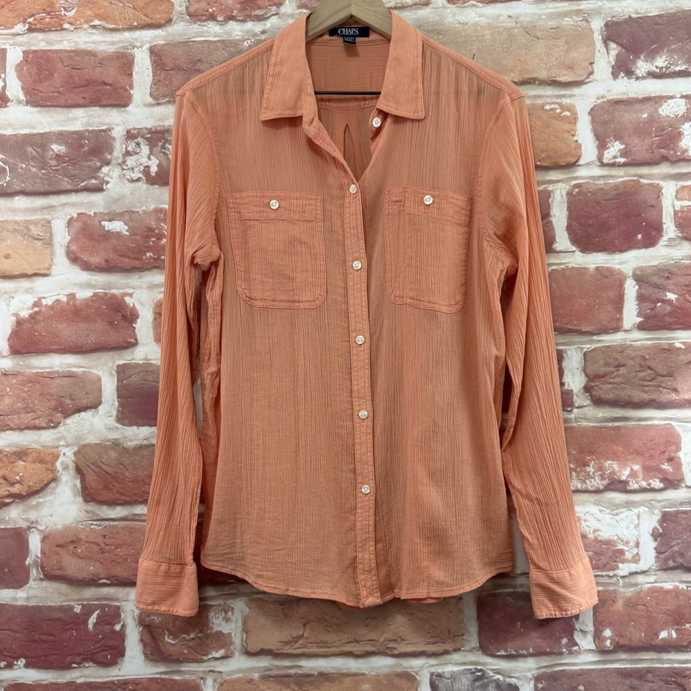 Ralph Lauren Chaps Top Women's XL Orange Crinkle Casual Button Front Shirt